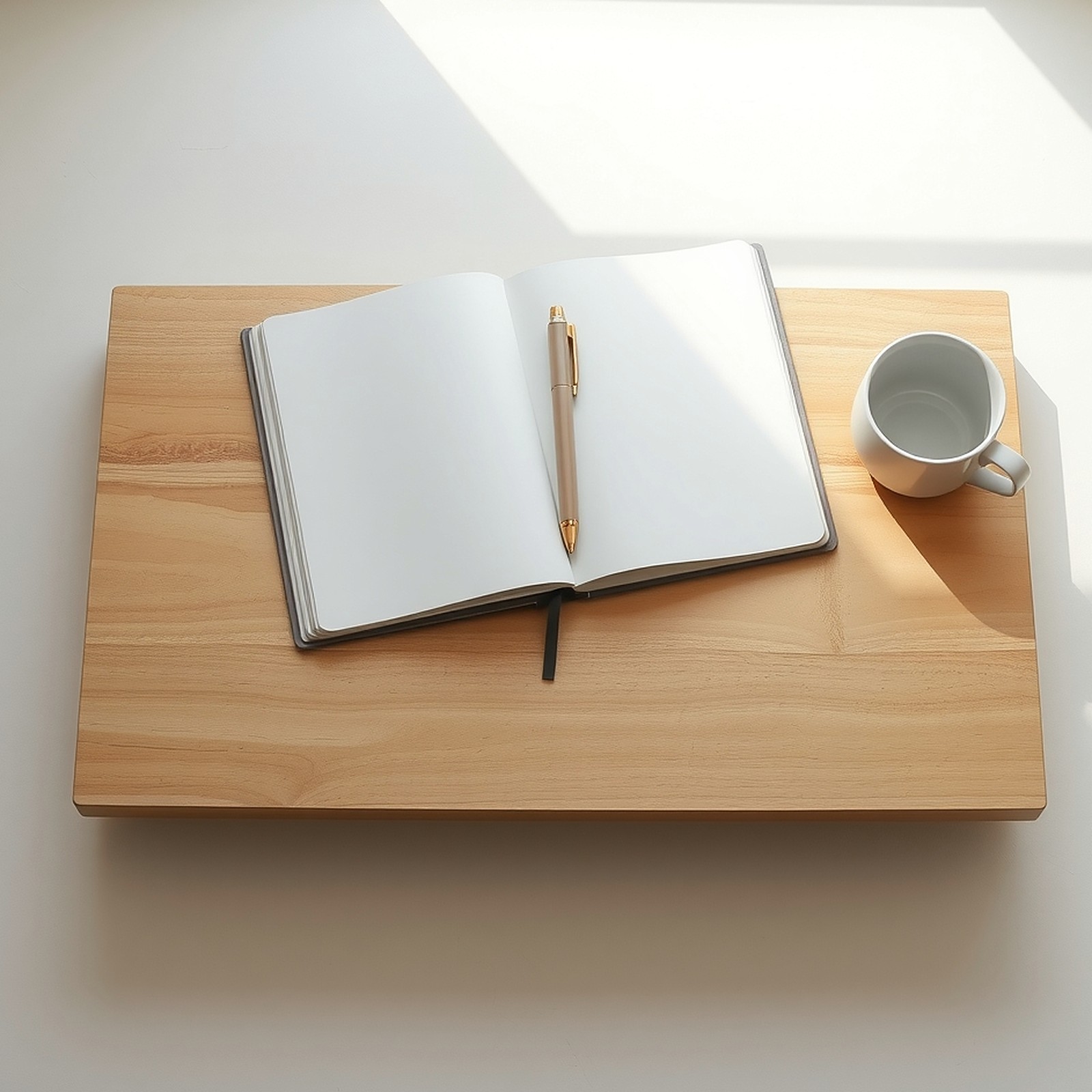 An open blank notebook, a pen and a ceramic cup on a light oak desk in morning light