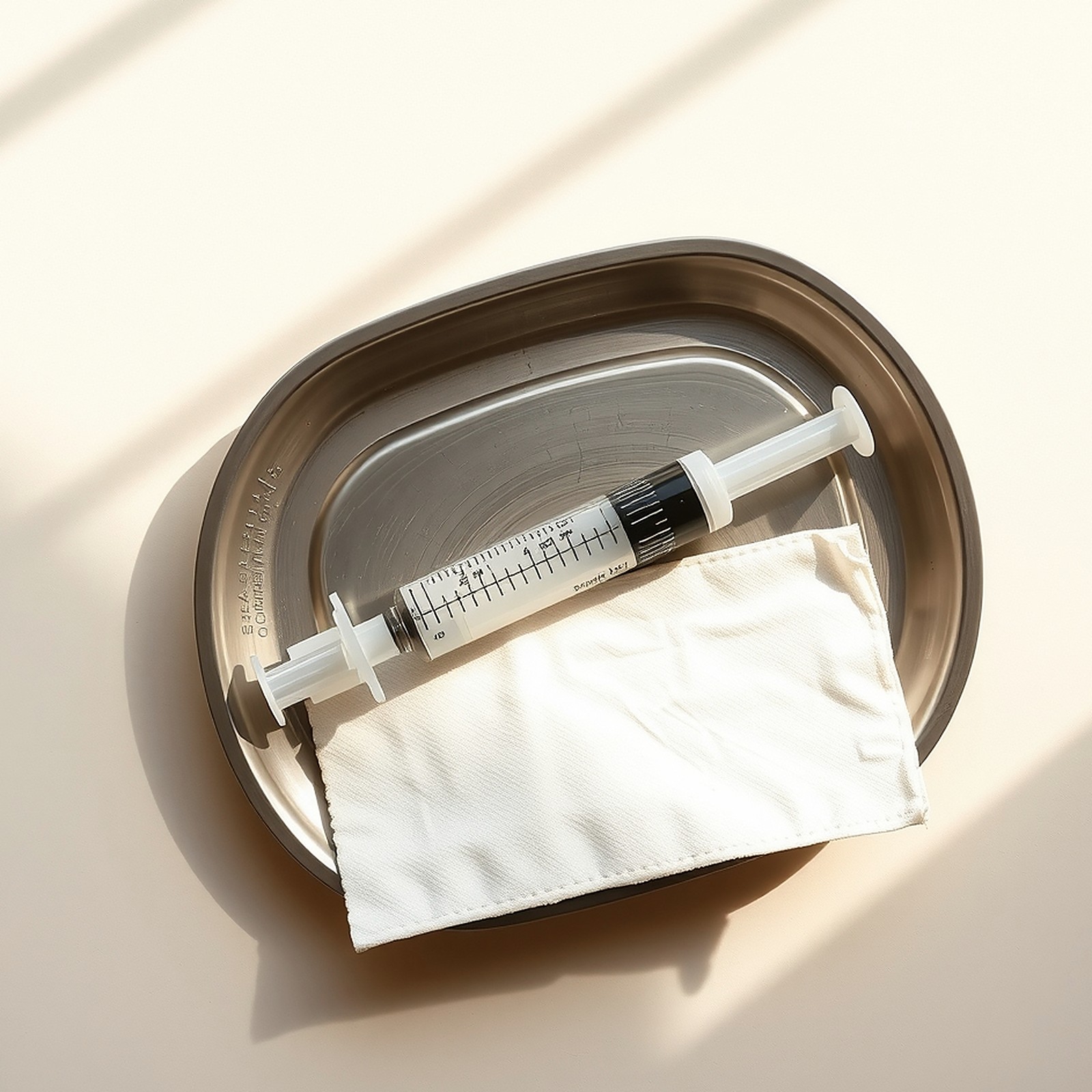 One sealed syringe lying on a brushed steel tray beside folded gauze