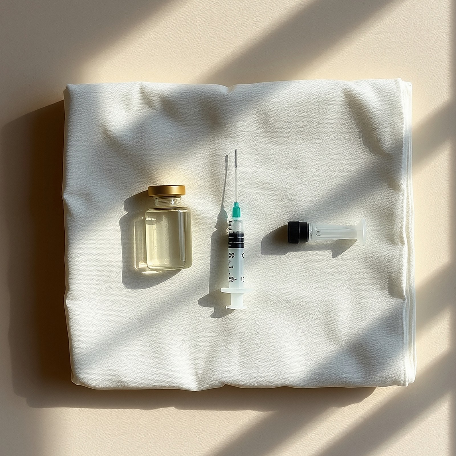 A small glass vial and a fine syringe lying parallel on white linen
