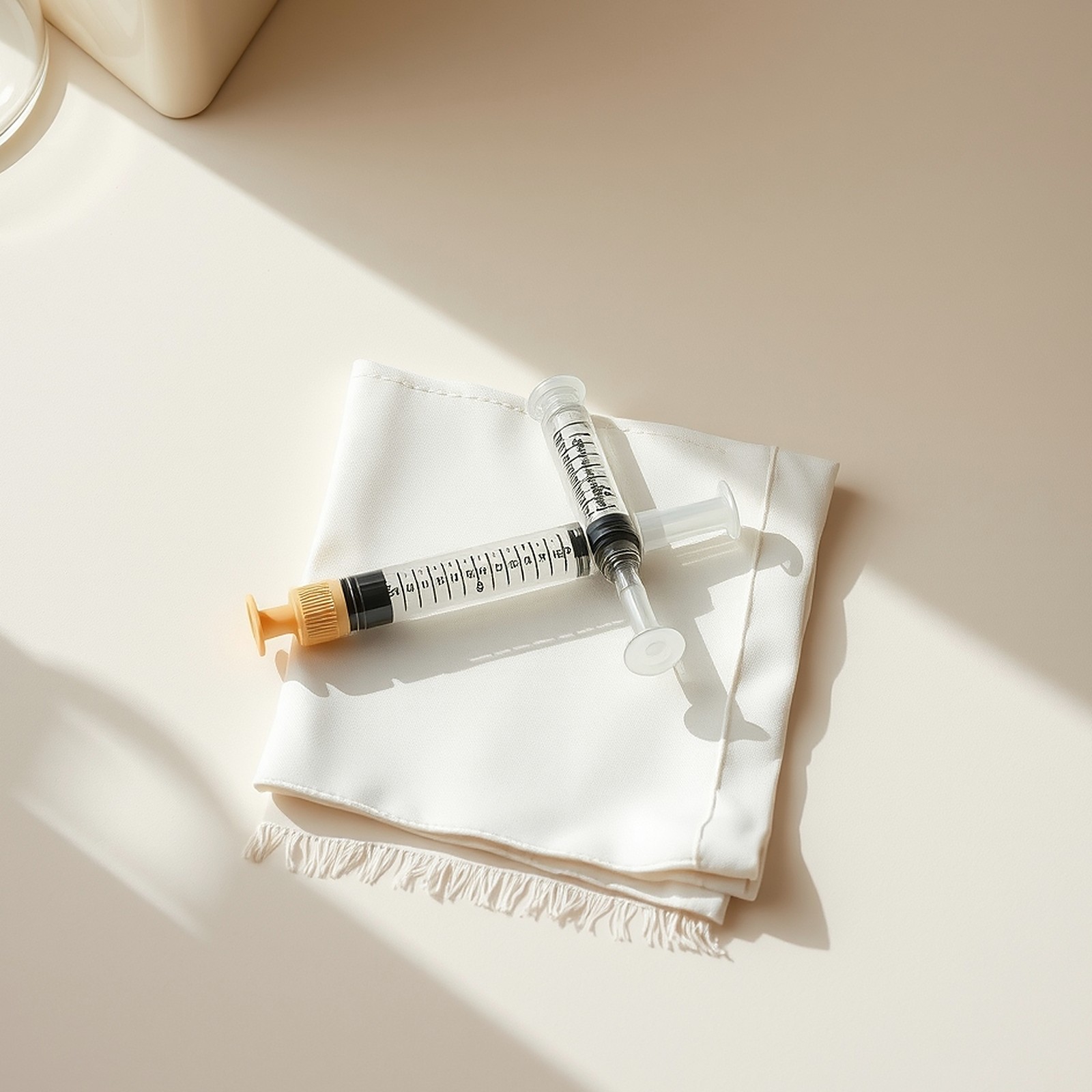 Two sealed syringes with clear barrels resting on folded white linen