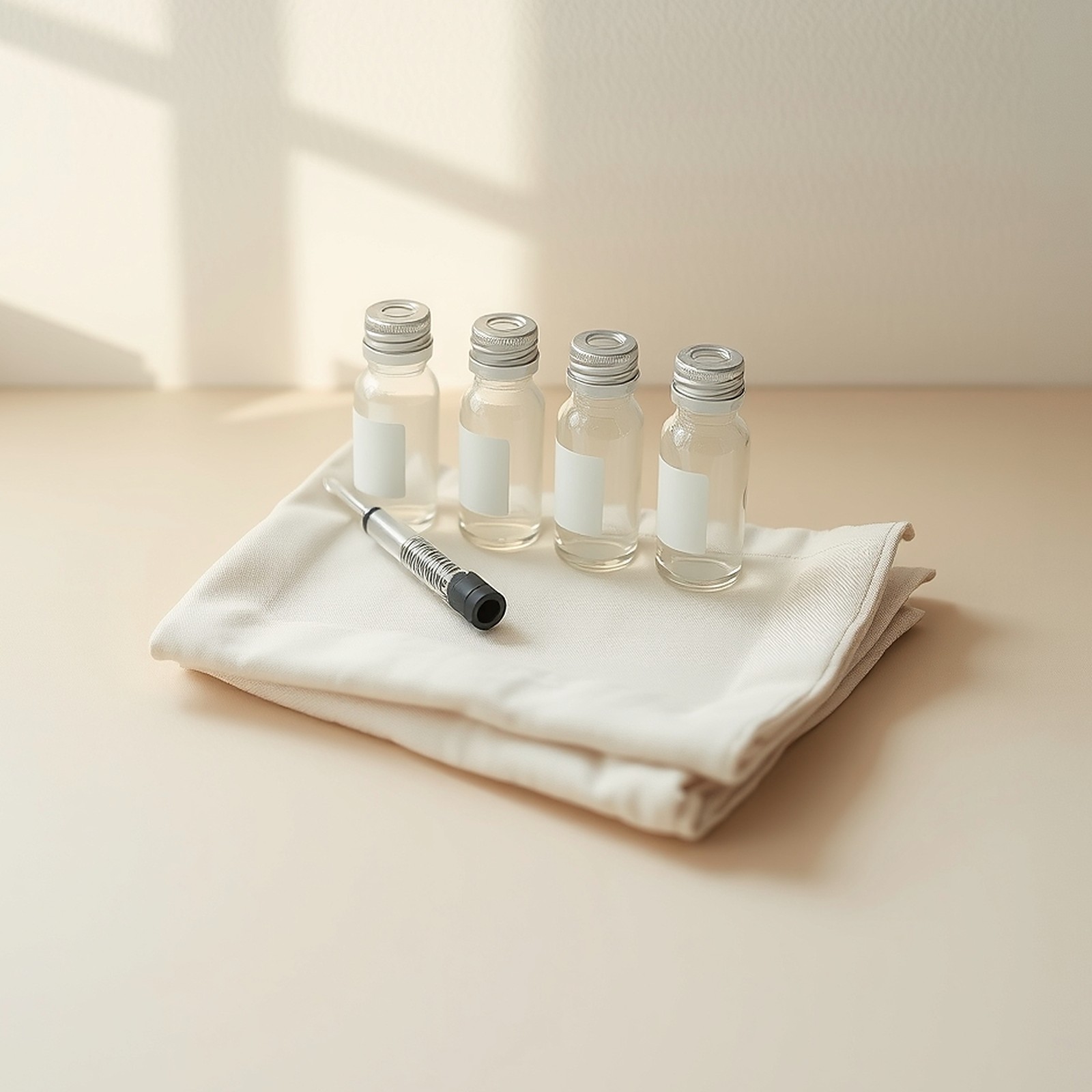 Four small glass vials in a row on white linen with one fine syringe in front