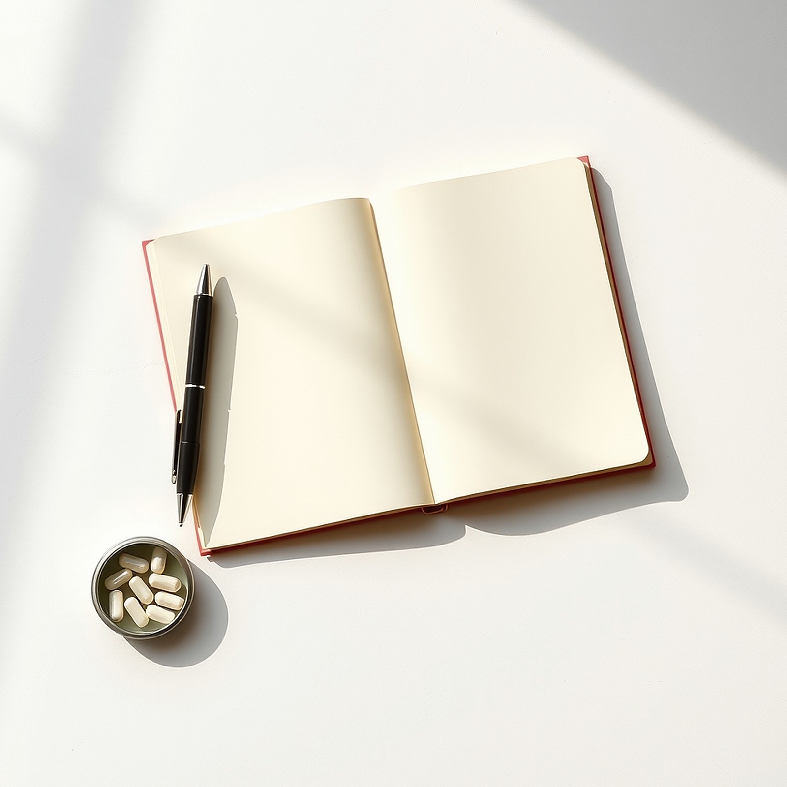 A blank notepad, a pen and a small steel pill organiser on a pale surface