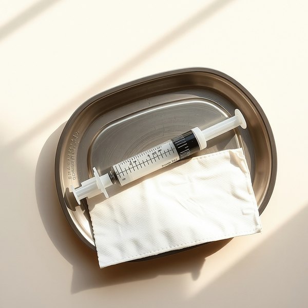One sealed syringe lying on a brushed steel tray beside folded gauze