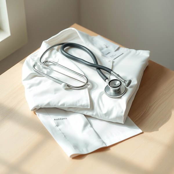 A stethoscope coiled on a folded white clinical coat on a light oak desk