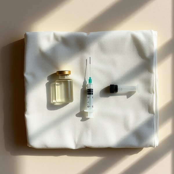 A small glass vial and a fine syringe lying parallel on white linen