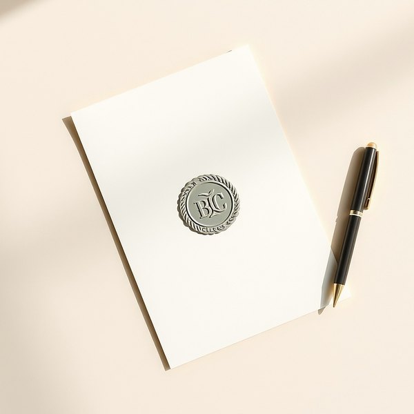 A blank cream document with an embossed round seal and a pen on a light oak desk